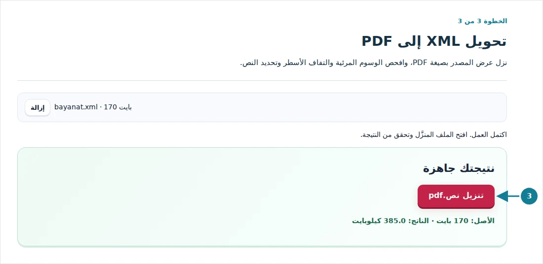 تحويل XML إلى PDF، الخطوة 3: نزل عرض المصدر بصيغة PDF، وافحص الوسوم المرئية والتفاف الأسطر وتحديد النص.