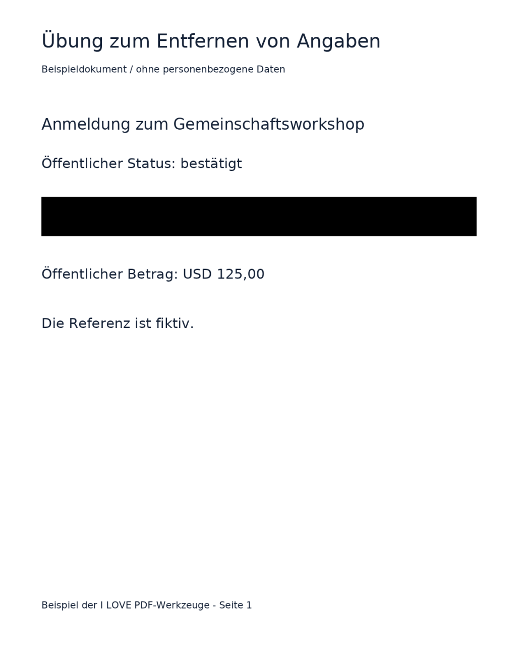 Tatsächliches geschwärztes PDF mit einem deckenden schwarzen Rechteck ausschließlich über der fiktiven Referenzzeile.