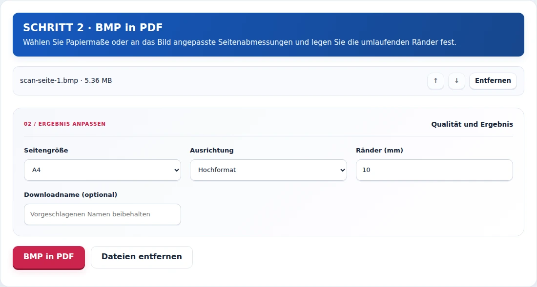 BMP in PDF, Schritt 2: Wählen Sie Papiermaße oder an das Bild angepasste Seitenabmessungen und legen Sie die umlaufenden Ränder fest.