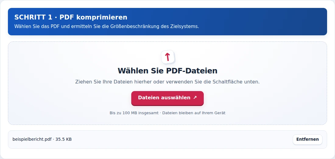 PDF komprimieren, Schritt 1: Wählen Sie das PDF und ermitteln Sie die Größenbeschränkung des Zielsystems.