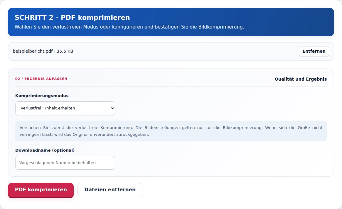 PDF komprimieren, Schritt 2: Wählen Sie den verlustfreien Modus oder konfigurieren und bestätigen Sie die Bildkomprimierung.