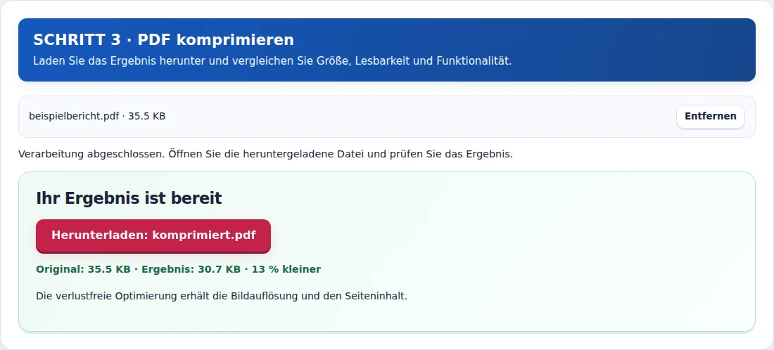 PDF komprimieren, Schritt 3: Laden Sie das Ergebnis herunter und vergleichen Sie Größe, Lesbarkeit und Funktionalität.