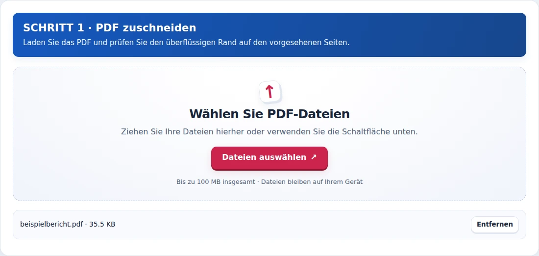 PDF zuschneiden, Schritt 1: Laden Sie das PDF und prüfen Sie den überflüssigen Rand auf den vorgesehenen Seiten.