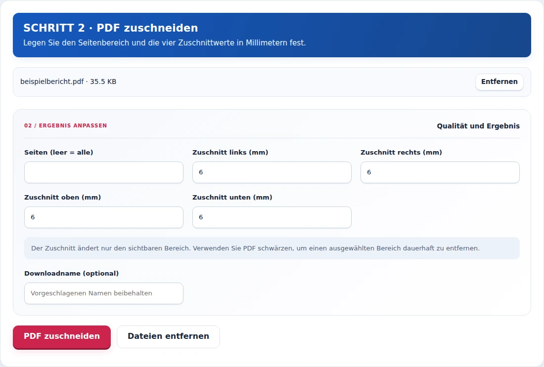 PDF zuschneiden, Schritt 2: Legen Sie den Seitenbereich und die vier Zuschnittwerte in Millimetern fest.