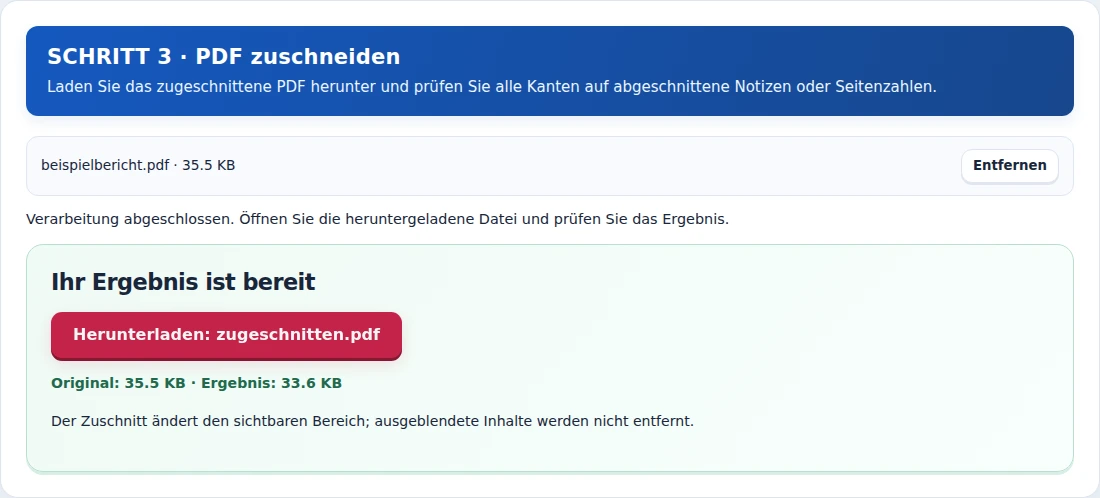PDF zuschneiden, Schritt 3: Laden Sie das zugeschnittene PDF herunter und prüfen Sie alle Kanten auf abgeschnittene Notizen oder Seitenzahlen.