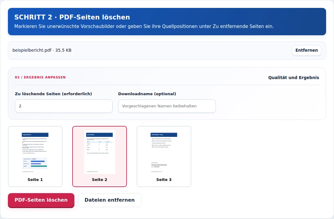 PDF-Seiten löschen, Schritt 2: Markieren Sie unerwünschte Vorschaubilder oder geben Sie ihre Quellpositionen unter Zu entfernende Seiten ein.