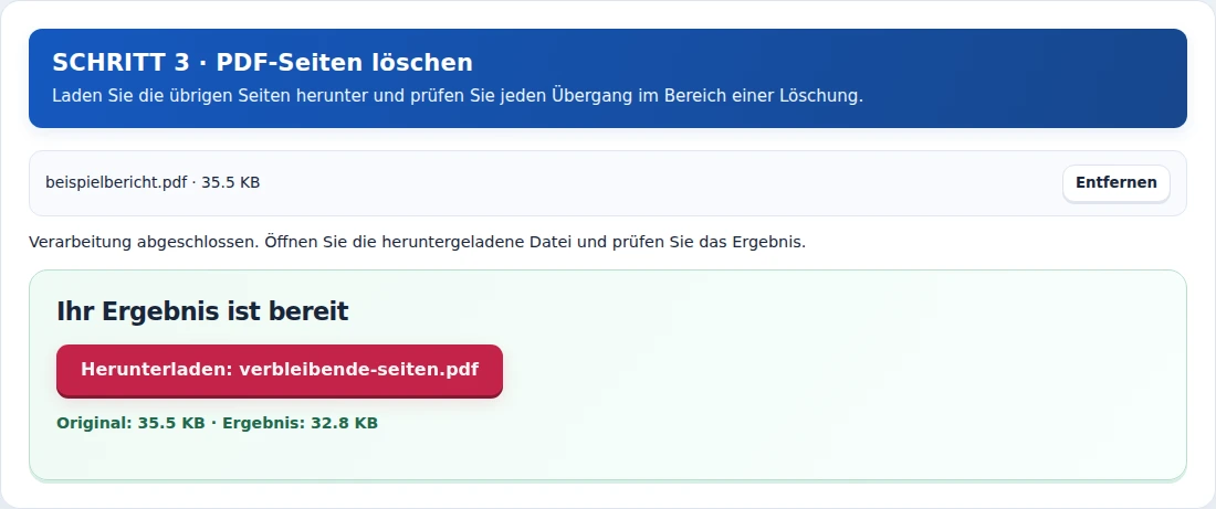 PDF-Seiten löschen, Schritt 3: Laden Sie die übrigen Seiten herunter und prüfen Sie jeden Übergang im Bereich einer Löschung.