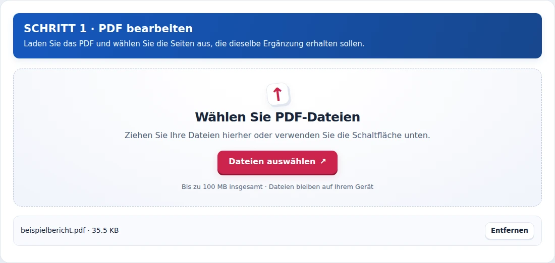 PDF bearbeiten, Schritt 1: Laden Sie das PDF und wählen Sie die Seiten aus, die dieselbe Ergänzung erhalten sollen.