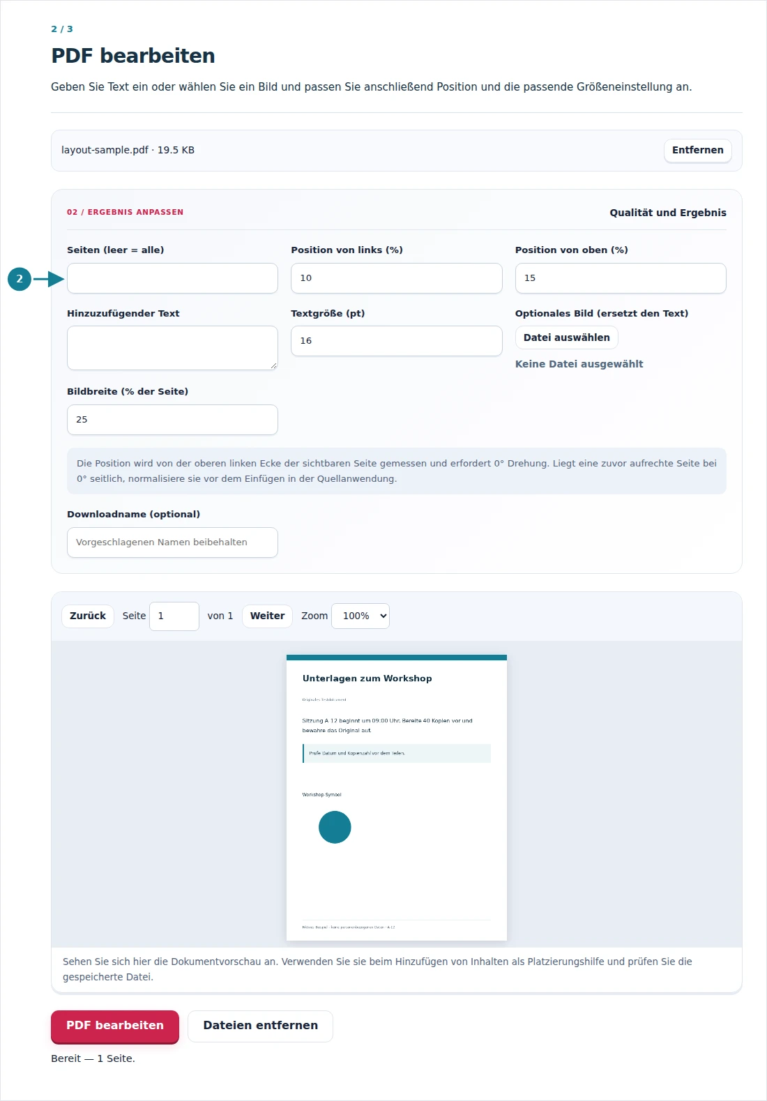 PDF bearbeiten, Schritt 2: Geben Sie Text ein oder wählen Sie ein Bild und passen Sie anschließend Position und die passende Größeneinstellung an.