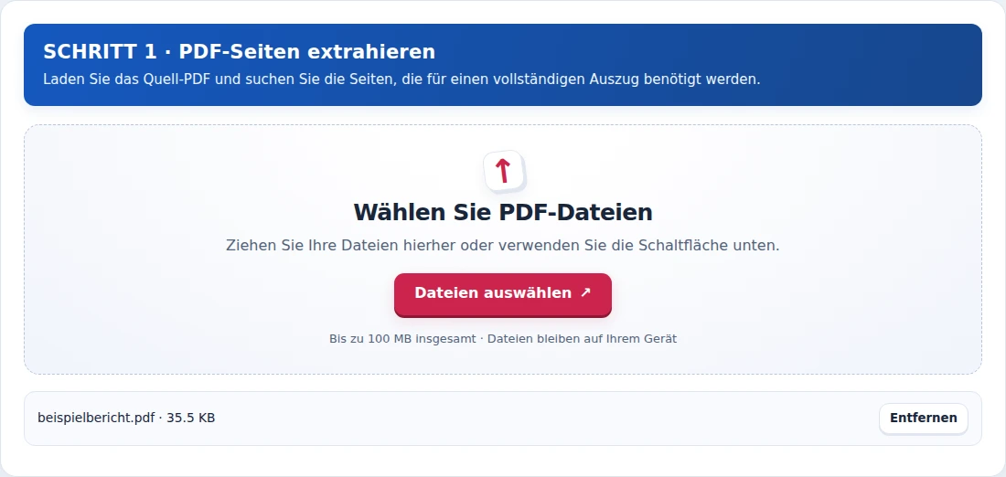 PDF-Seiten extrahieren, Schritt 1: Laden Sie das Quell-PDF und suchen Sie die Seiten, die für einen vollständigen Auszug benötigt werden.