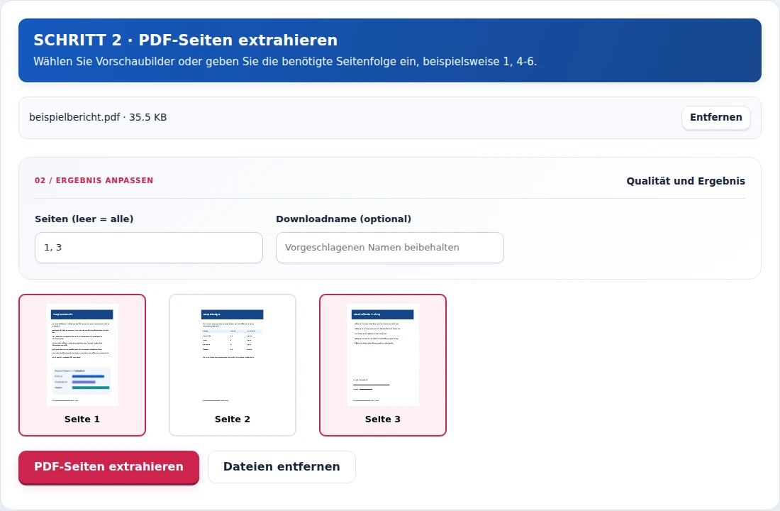 PDF-Seiten extrahieren, Schritt 2: Wählen Sie Vorschaubilder oder geben Sie die benötigte Seitenfolge ein, beispielsweise 1, 4-6.