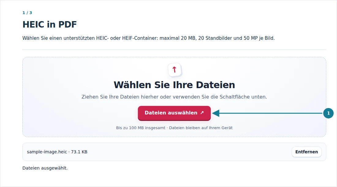 HEIC in PDF, Schritt 1: Wählen Sie einen unterstützten HEIC- oder HEIF-Container: maximal 20 MB, 20 Standbilder und 50 MP je Bild.