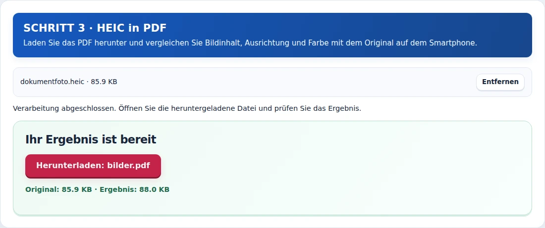 HEIC in PDF, Schritt 3: Laden Sie das PDF herunter und vergleichen Sie Bildinhalt, Ausrichtung und Farbe mit dem Original auf dem Smartphone.