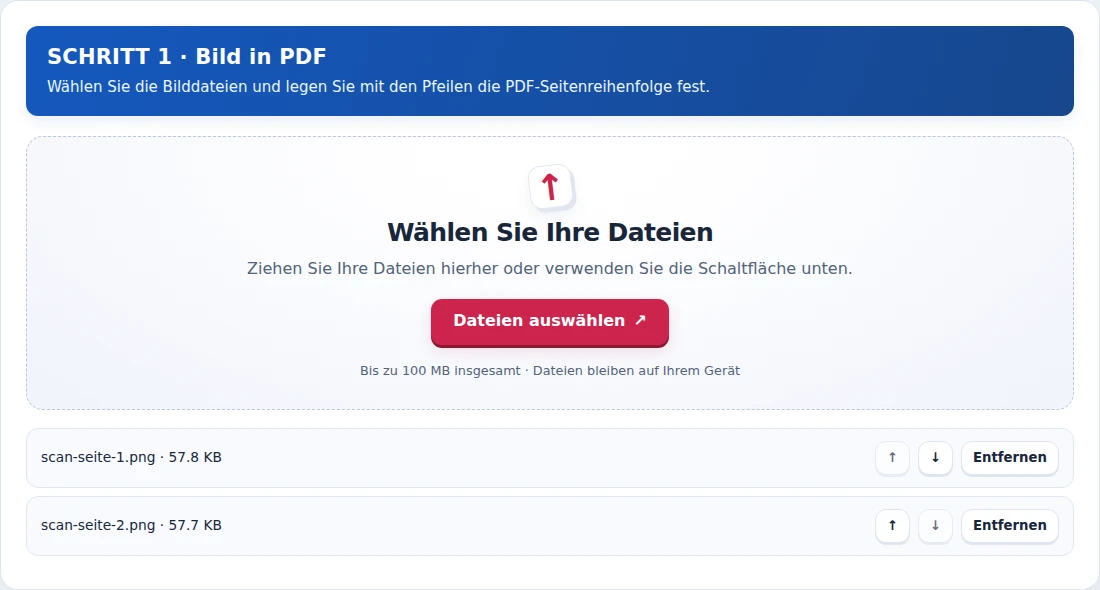 Bild in PDF, Schritt 1: Wählen Sie die Bilddateien und legen Sie mit den Pfeilen die PDF-Seitenreihenfolge fest.