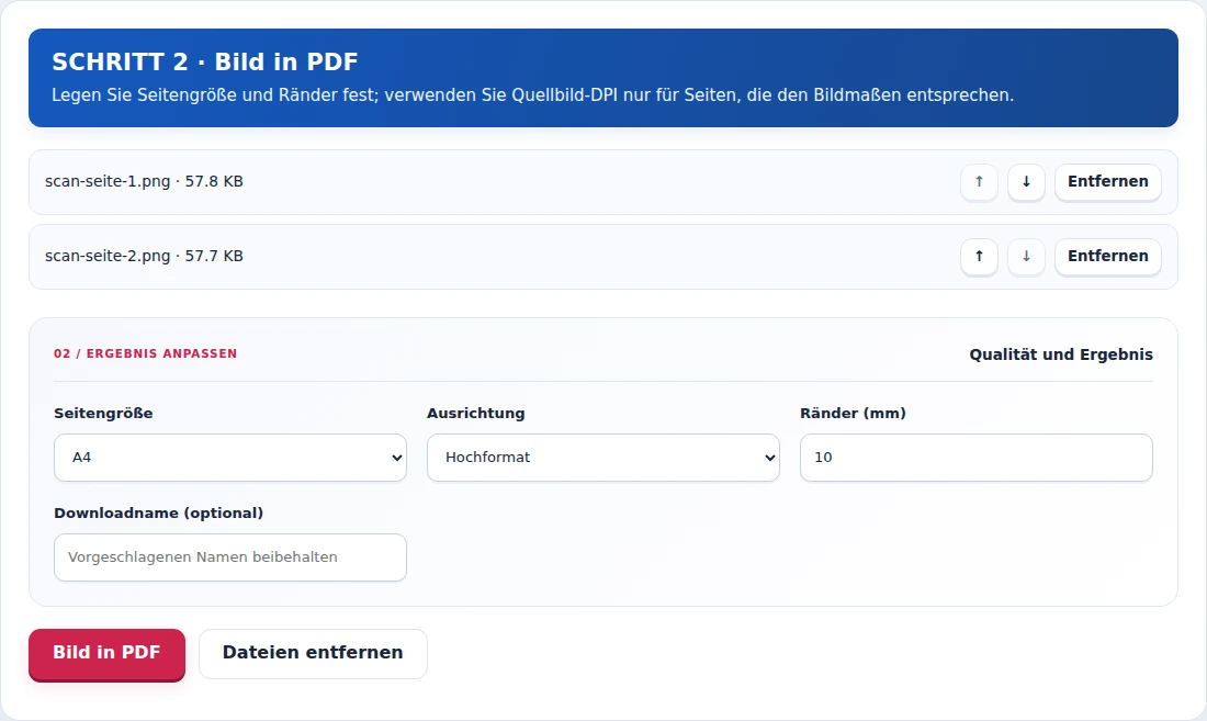 Bild in PDF, Schritt 2: Legen Sie Seitengröße und Ränder fest; verwenden Sie Quellbild-DPI nur für Seiten, die den Bildmaßen entsprechen.