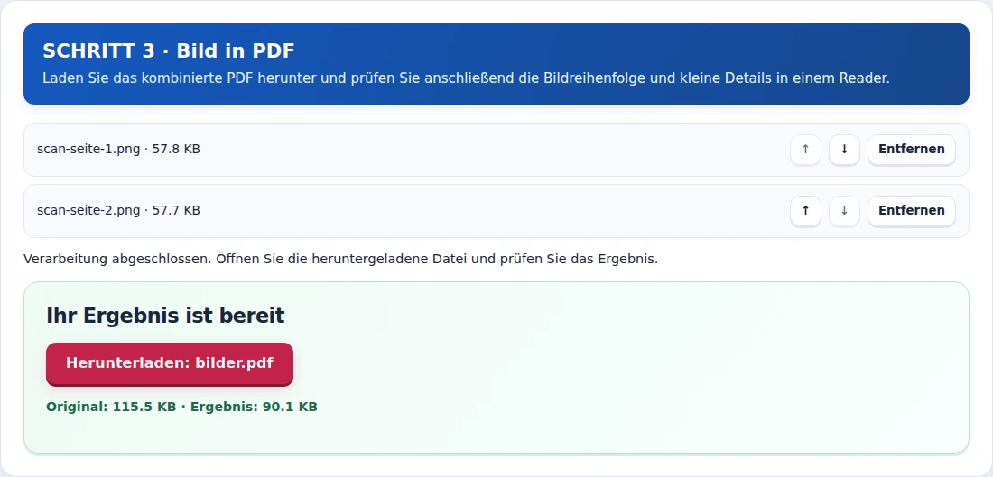 Bild in PDF, Schritt 3: Laden Sie das kombinierte PDF herunter und prüfen Sie anschließend die Bildreihenfolge und kleine Details in einem Reader.