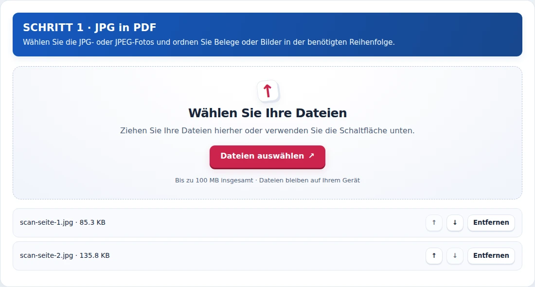 JPG in PDF, Schritt 1: Wählen Sie die JPG- oder JPEG-Fotos und ordnen Sie Belege oder Bilder in der benötigten Reihenfolge.
