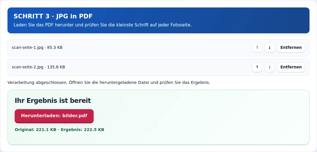 JPG in PDF, Schritt 3: Laden Sie das PDF herunter und prüfen Sie die kleinste Schrift auf jeder Fotoseite.