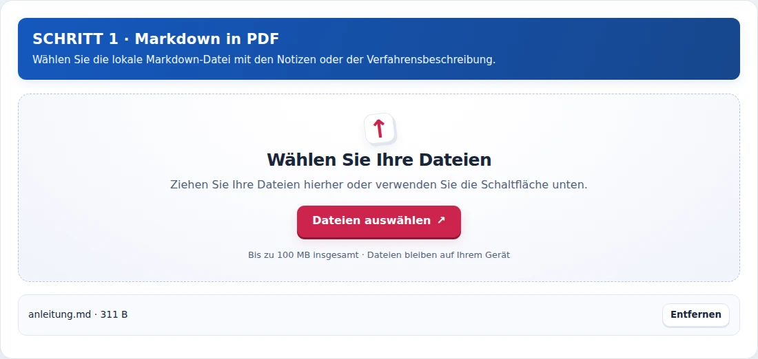 Markdown in PDF, Schritt 1: Wählen Sie die lokale Markdown-Datei mit den Notizen oder der Verfahrensbeschreibung.