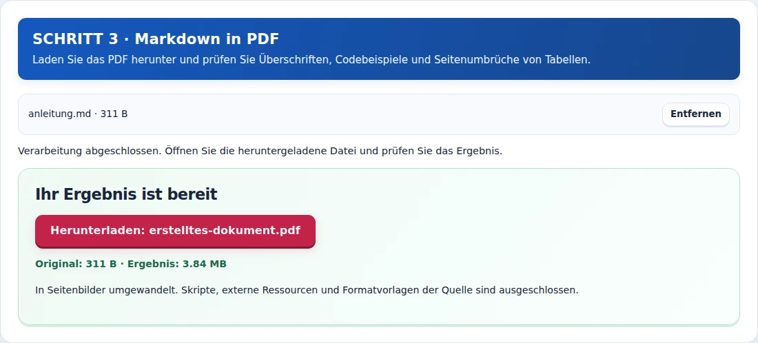 Markdown in PDF, Schritt 3: Laden Sie das PDF herunter und prüfen Sie Überschriften, Codebeispiele und Seitenumbrüche von Tabellen.