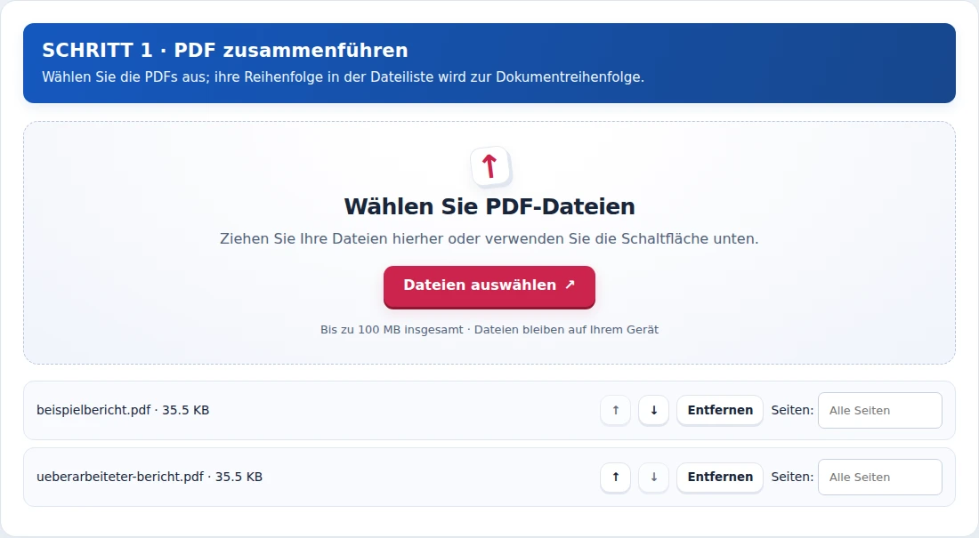 PDF zusammenführen, Schritt 1: Wählen Sie die PDFs aus; ihre Reihenfolge in der Dateiliste wird zur Dokumentreihenfolge.