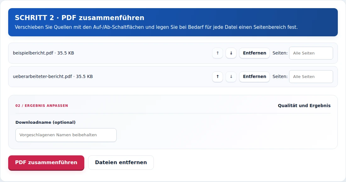 PDF zusammenführen, Schritt 2: Verschieben Sie Quellen mit den Auf-/Ab-Schaltflächen und legen Sie bei Bedarf für jede Datei einen Seitenbereich fest.