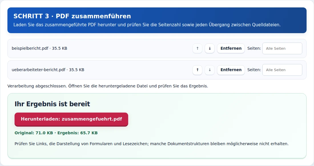 PDF zusammenführen, Schritt 3: Laden Sie das zusammengeführte PDF herunter und prüfen Sie die Seitenzahl sowie jeden Übergang zwischen Quelldateien.