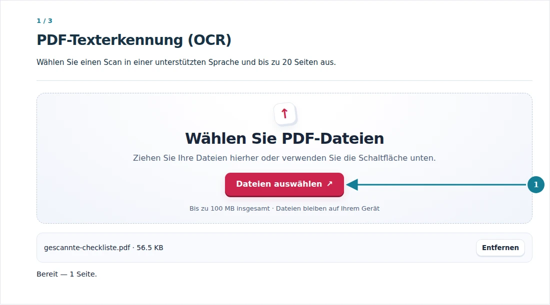 PDF-Texterkennung (OCR), Schritt 1: Wählen Sie einen Scan in einer unterstützten Sprache und bis zu 20 Seiten aus.