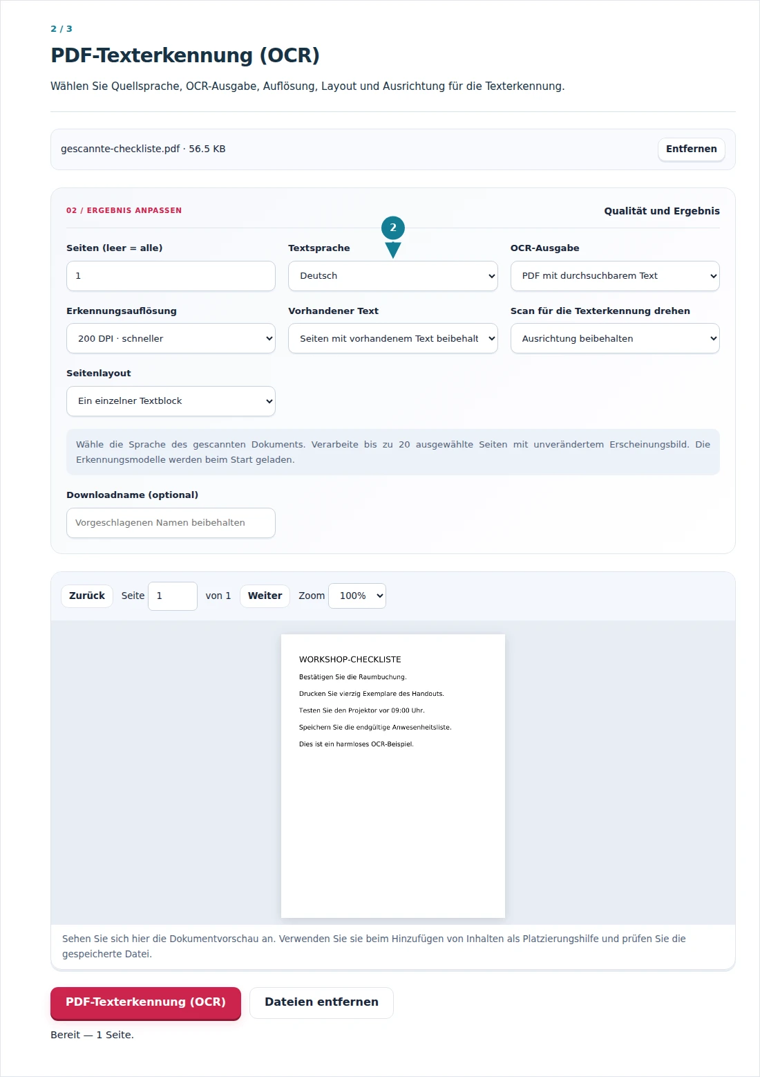 PDF-Texterkennung (OCR), Schritt 2: Wählen Sie Quellsprache, OCR-Ausgabe, Auflösung, Layout und Ausrichtung für die Texterkennung.