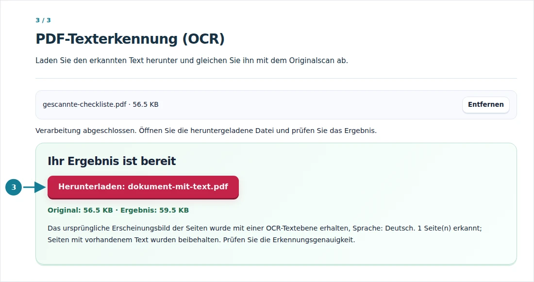 PDF-Texterkennung (OCR), Schritt 3: Laden Sie den erkannten Text herunter und gleichen Sie ihn mit dem Originalscan ab.