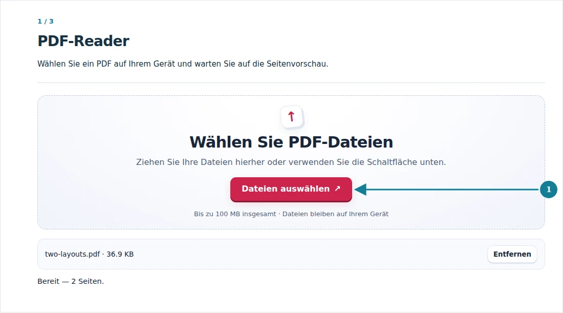 PDF-Reader, Schritt 1: Wählen Sie ein PDF auf Ihrem Gerät und warten Sie auf die Seitenvorschau.