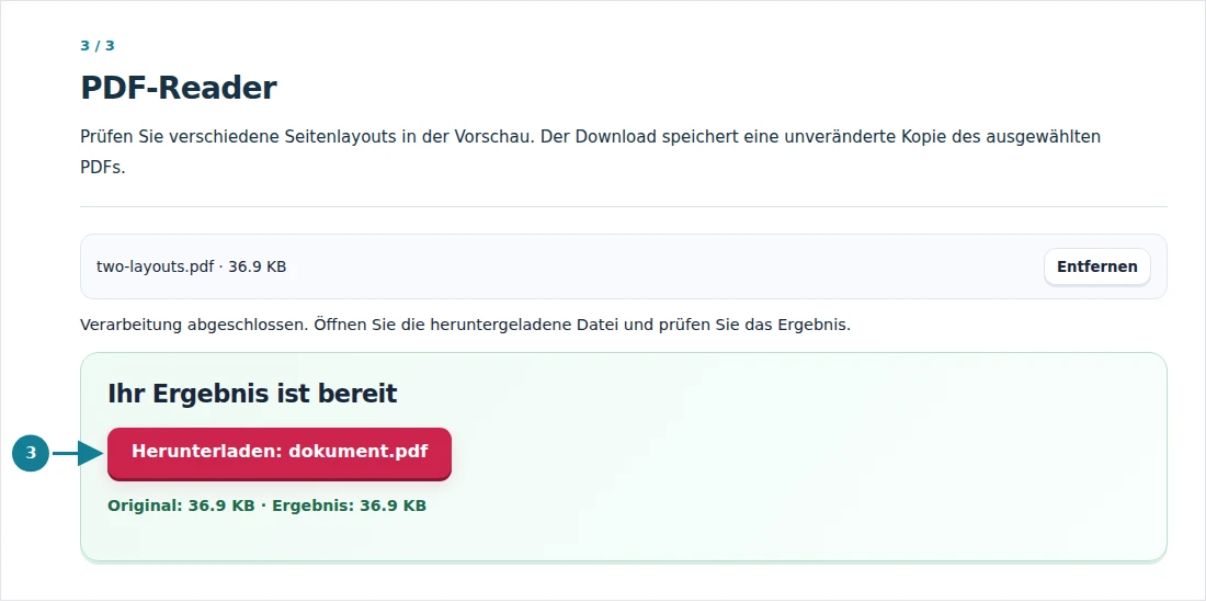 PDF-Reader, Schritt 3: Prüfen Sie verschiedene Seitenlayouts in der Vorschau. Der Download speichert eine unveränderte Kopie des ausgewählten PDFs.