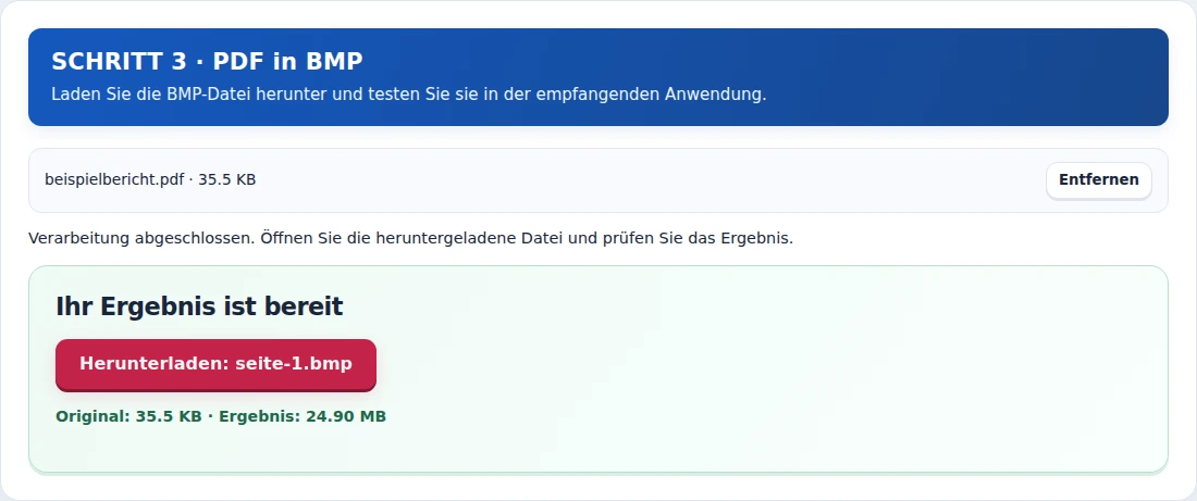 PDF in BMP, Schritt 3: Laden Sie die BMP-Datei herunter und testen Sie sie in der empfangenden Anwendung.