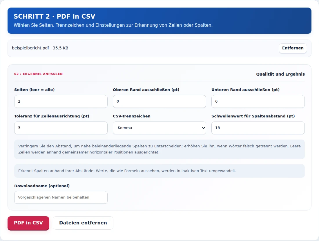 PDF in CSV, Schritt 2: Wählen Sie Seiten, Trennzeichen und Einstellungen zur Erkennung von Zeilen oder Spalten.