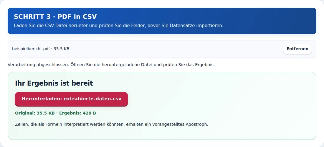 PDF in CSV, Schritt 3: Laden Sie die CSV-Datei herunter und prüfen Sie die Felder, bevor Sie Datensätze importieren.