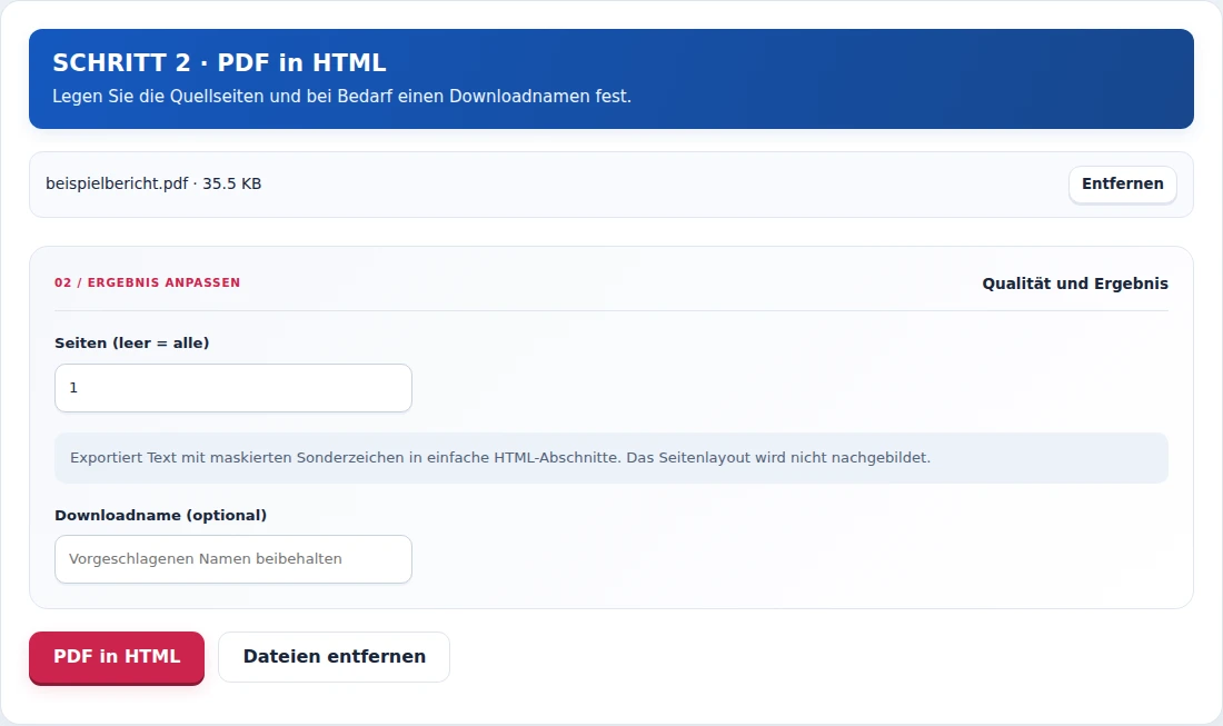 PDF in HTML, Schritt 2: Legen Sie die Quellseiten und bei Bedarf einen Downloadnamen fest.