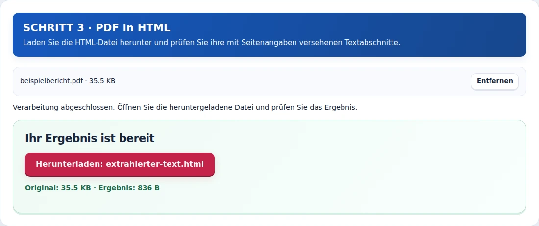 PDF in HTML, Schritt 3: Laden Sie die HTML-Datei herunter und prüfen Sie ihre mit Seitenangaben versehenen Textabschnitte.