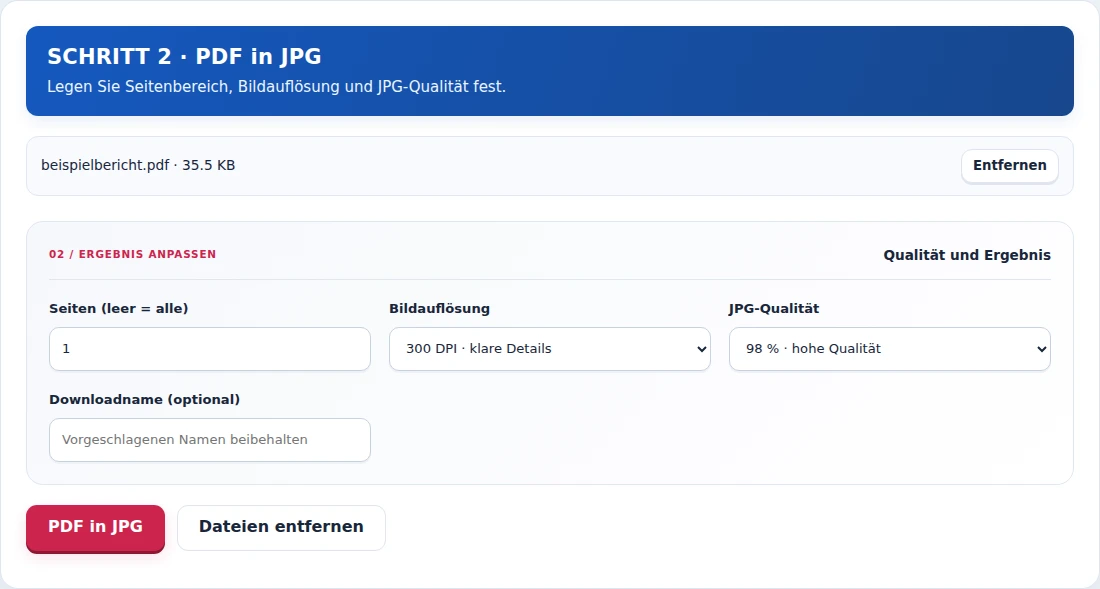PDF in JPG, Schritt 2: Legen Sie Seitenbereich, Bildauflösung und JPG-Qualität fest.