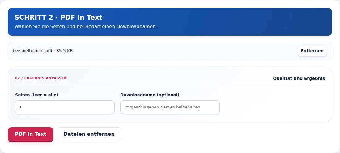 PDF in Text, Schritt 2: Wählen Sie die Seiten und bei Bedarf einen Downloadnamen.