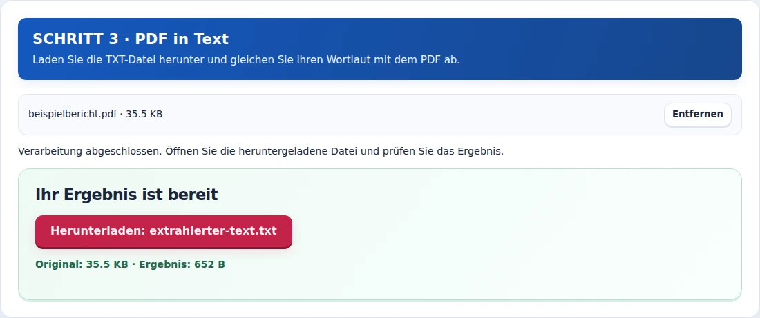 PDF in Text, Schritt 3: Laden Sie die TXT-Datei herunter und gleichen Sie ihren Wortlaut mit dem PDF ab.