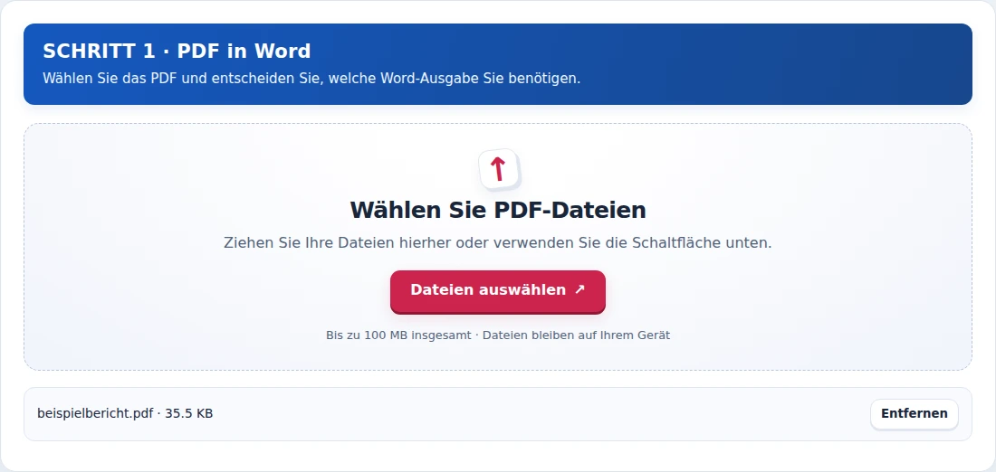 PDF in Word, Schritt 1: Wählen Sie das PDF und entscheiden Sie, welche Word-Ausgabe Sie benötigen.