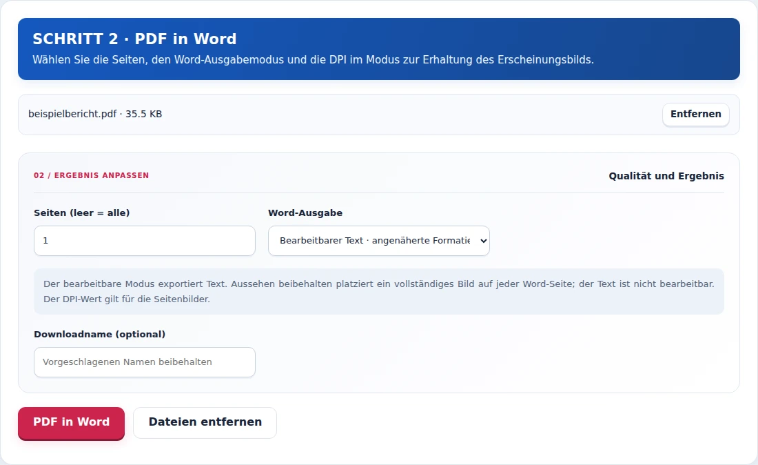 PDF in Word, Schritt 2: Wählen Sie die Seiten, den Word-Ausgabemodus und die DPI im Modus zur Erhaltung des Erscheinungsbilds.