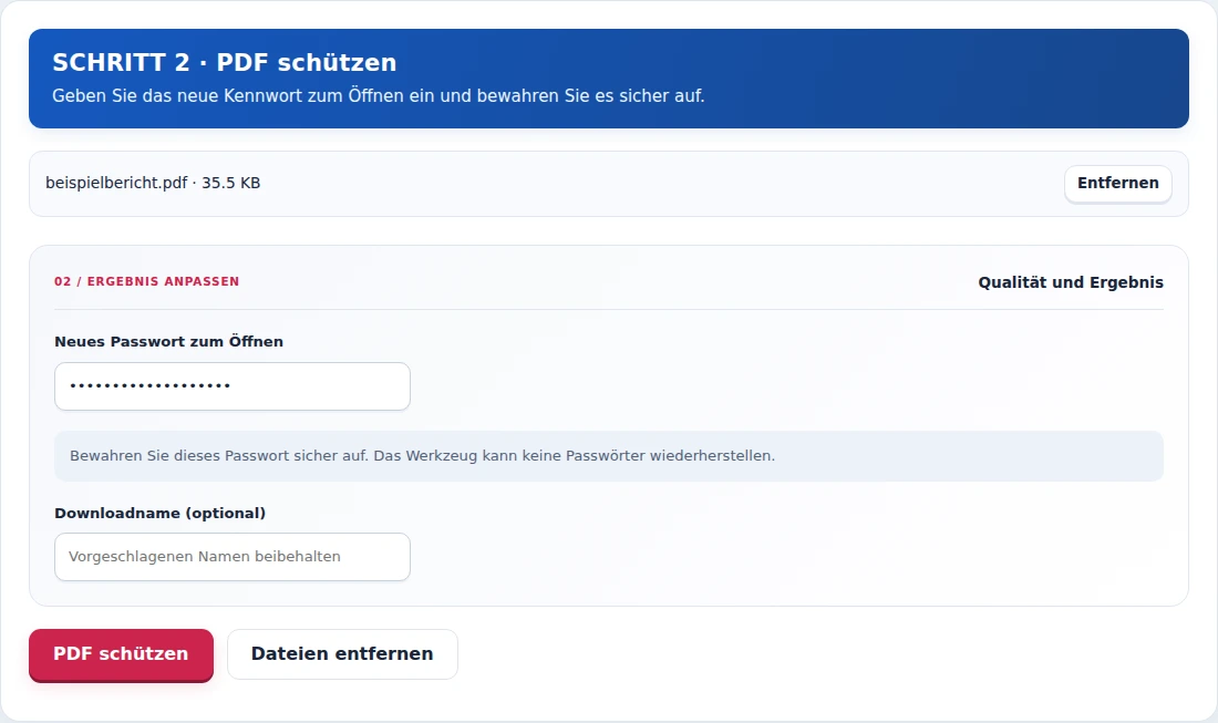 PDF schützen, Schritt 2: Geben Sie das neue Kennwort zum Öffnen ein und bewahren Sie es sicher auf.