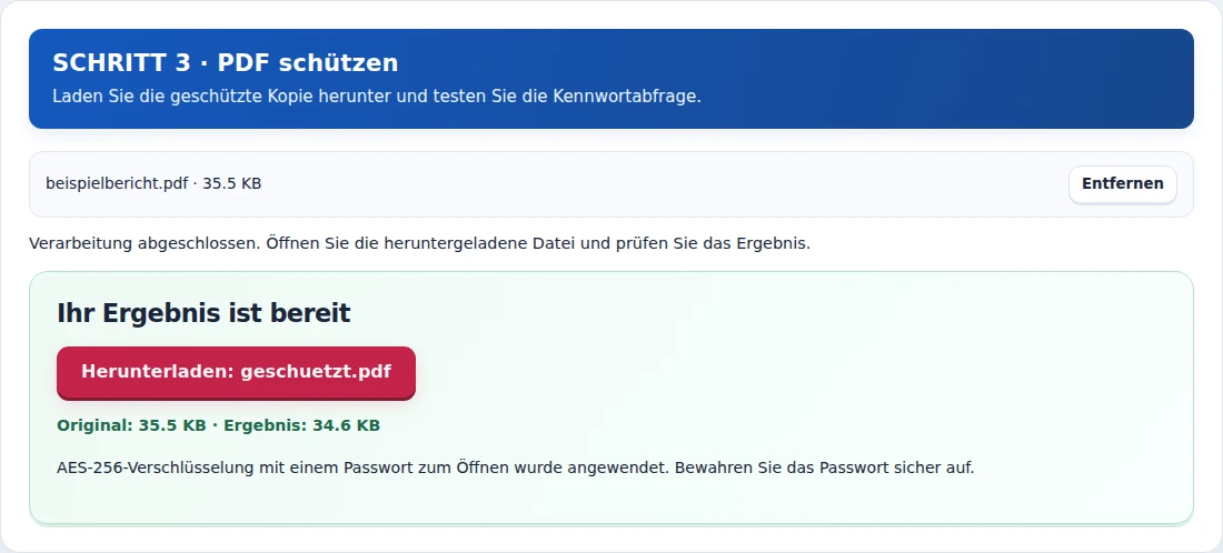 PDF schützen, Schritt 3: Laden Sie die geschützte Kopie herunter und testen Sie die Kennwortabfrage.