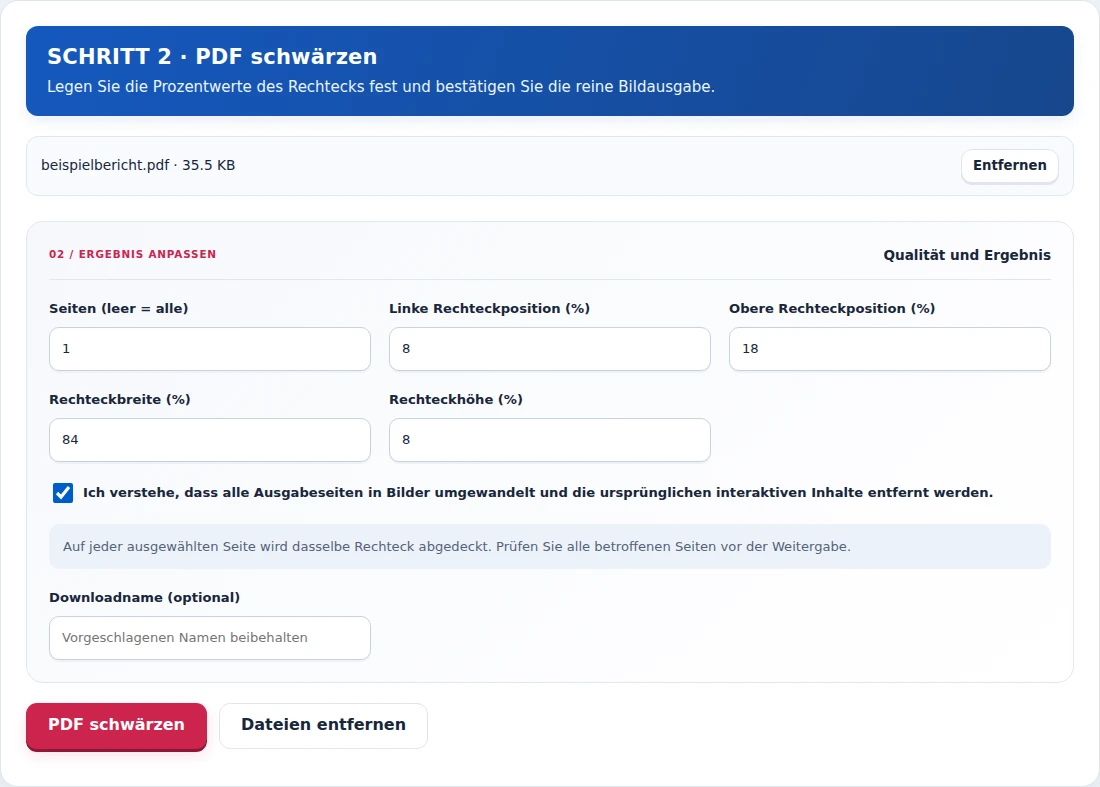PDF schwärzen, Schritt 2: Legen Sie die Prozentwerte des Rechtecks fest und bestätigen Sie die reine Bildausgabe.
