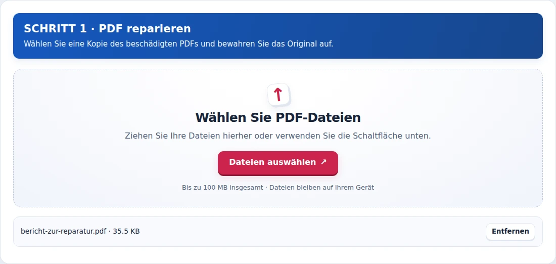 PDF reparieren, Schritt 1: Wählen Sie eine Kopie des beschädigten PDFs und bewahren Sie das Original auf.