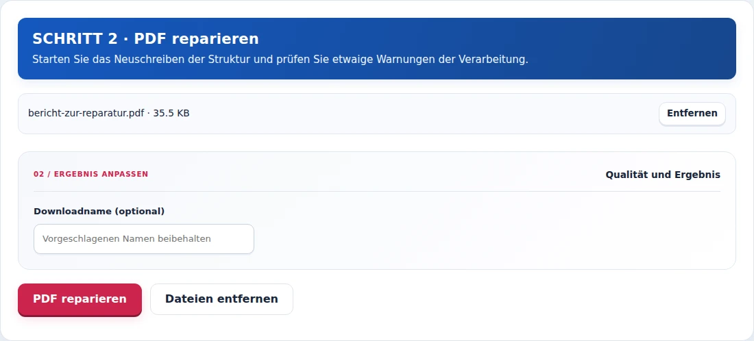 PDF reparieren, Schritt 2: Starten Sie das Neuschreiben der Struktur und prüfen Sie etwaige Warnungen der Verarbeitung.