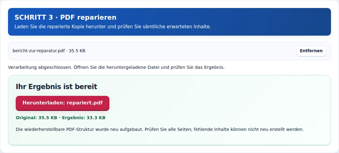 PDF reparieren, Schritt 3: Laden Sie die reparierte Kopie herunter und prüfen Sie sämtliche erwarteten Inhalte.