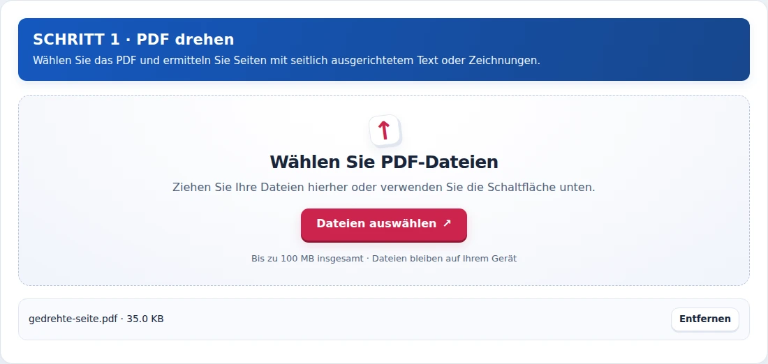 PDF drehen, Schritt 1: Wählen Sie das PDF und ermitteln Sie Seiten mit seitlich ausgerichtetem Text oder Zeichnungen.
