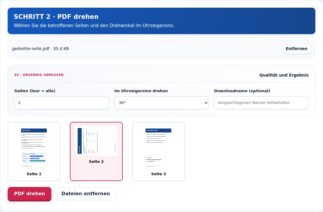 PDF drehen, Schritt 2: Wählen Sie die betroffenen Seiten und den Drehwinkel im Uhrzeigersinn.